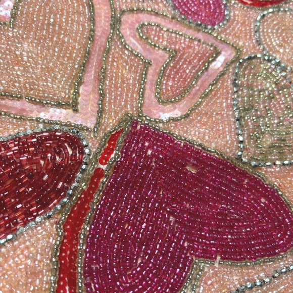 Pier 1 Imports Pink Red Silver Beaded Sequins Heart Table Runner Valentine's Day - Picture 2 of 11